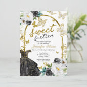 Invitation Sweet 16 Robe Florale Papillon noir Or (Debout devant)