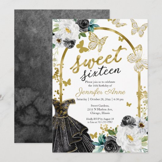 Invitation Sweet 16 Robe Florale Papillon noir Or (Devant / Derrière)