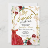 Invitation Sweet 16 Robe Rouge Florale Papillon (Devant)