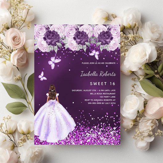 Invitation Sweet 16 robe violet fleurons roses