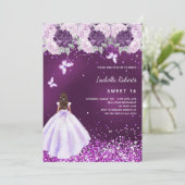 Invitation Sweet 16 robe violet fleurons roses (Debout devant)
