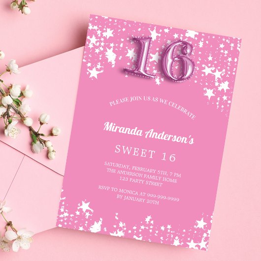 Invitation Sweet 16 rose blanc étoiles fille
