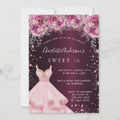 Invitation Sweet 16 rose bordeaux parties scintillant robe fl (Devant)