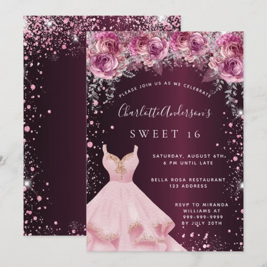 Invitation Sweet 16 rose bordeaux parties scintillant robe fl (Devant / Derrière)