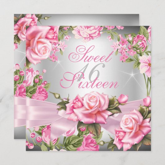 Invitation Sweet 16 Rose Bow Argent Floral Bow Anniversaire (Devant / Derrière)