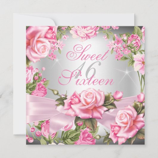 Invitation Sweet 16 Rose Bow Argent Floral Bow Anniversaire (Devant)