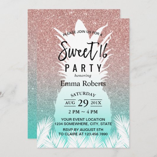 Invitation Sweet 16 Rose d'ananas Tropical Parties scintillan (Devant / Derrière)