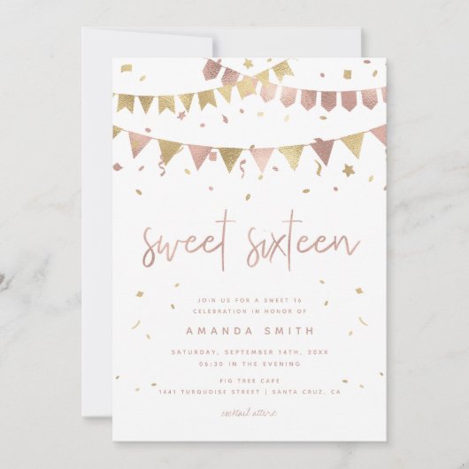 Invitation Sweet 16 Rose de script moderne Gold Foil annivers (Devant)