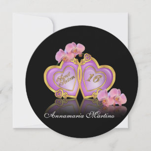 Invitation Sweet 16 rose et noir ronde