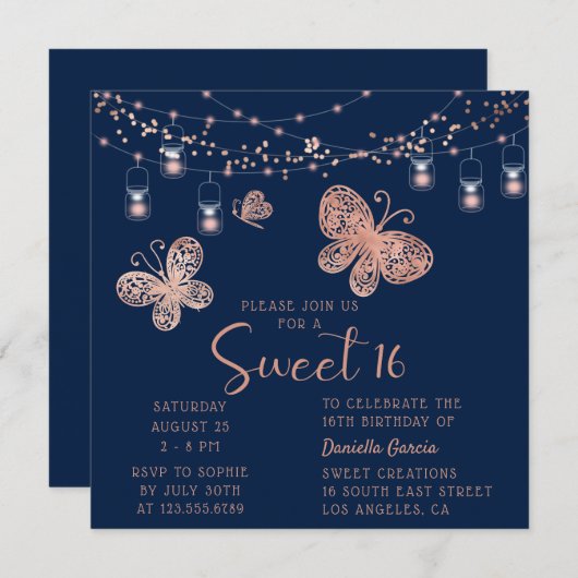 Invitation Sweet 16 Rose Gold Butterfly Chic Moderne Annivers (Devant / Derrière)