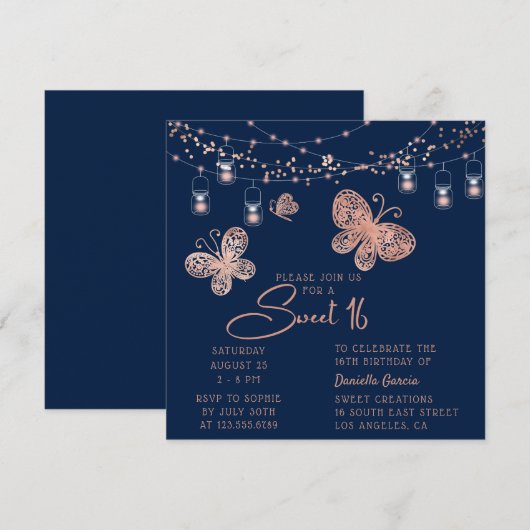 Invitation Sweet 16 Rose Gold Butterfly Chic Moderne Annivers (Devant / Derrière)
