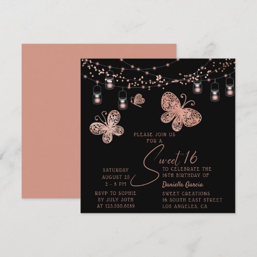 Invitation Sweet 16 Rose Gold Butterfly Chic Moderne Annivers (Devant / Derrière)