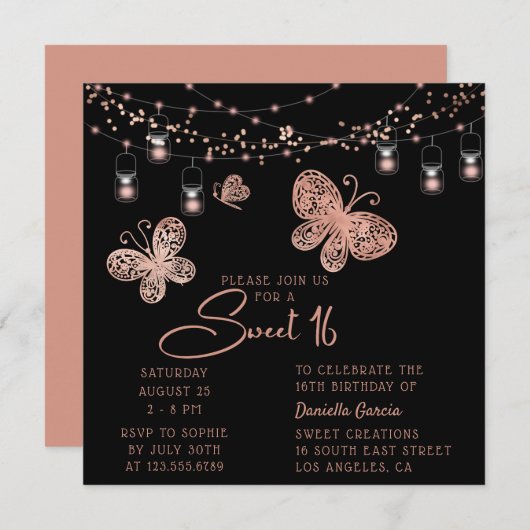 Invitation Sweet 16 Rose Gold Butterfly Chic Moderne Annivers (Devant / Derrière)