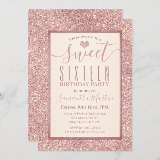 Invitation Sweet 16 Rose Gold Faux Parties scintillant fête d (Devant / Derrière)