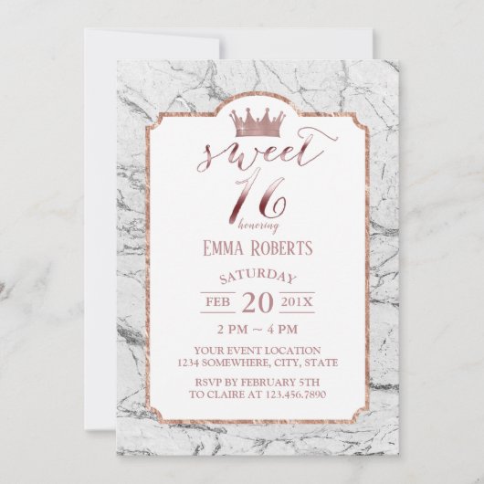 Invitation Sweet 16 Rose Gold Princess Marbre blanc Couronne (Devant)