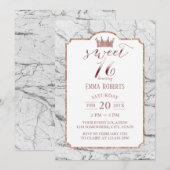 Invitation Sweet 16 Rose Gold Princess Marbre blanc Couronne (Devant / Derrière)