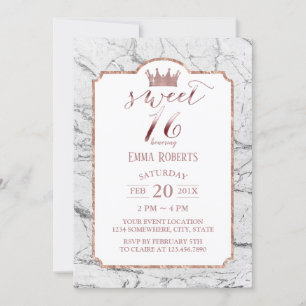 Invitation Sweet 16 Rose Gold Princess Marbre blanc Couronne