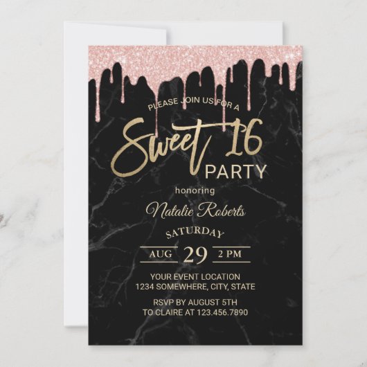 Invitation Sweet 16 Rose moderne gouttes d'or Marbre noir (Devant)