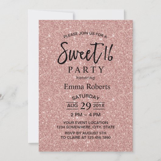 Invitation Sweet 16 Rose moderne Parties scintillant or Anniv (Devant)