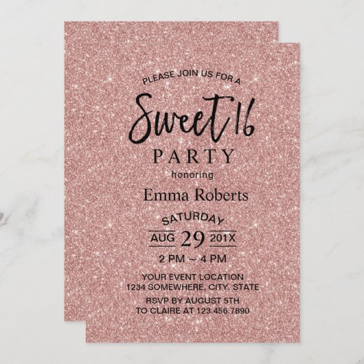 Invitation Sweet 16 Rose moderne Parties scintillant or Anniv (Devant / Derrière)