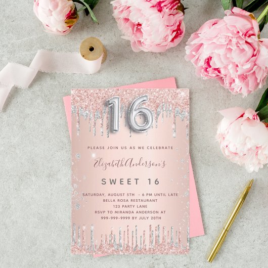 Invitation Sweet 16 rose or argent anniversaire
