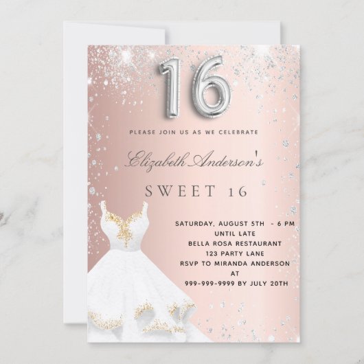 Invitation Sweet 16 rose or argent robe parties scintillant r (Devant)