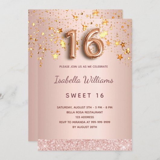 Invitation Sweet 16 rose or rose étoiles script (Devant / Derrière)