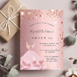 Invitation Sweet 16 rose pâle robe de parties scintillant lux<br><div class="desc">Une invitation moderne, élégante et glamour pour une fête Sweet 16, 16e anniversaire. Un arrière - plan à l'allure métallique rose vif avec une parties scintillant en faux or rose et une robe rose. Le nom est écrit avec un script de style écrit à la main. Personnalisez et ajoutez les...</div>