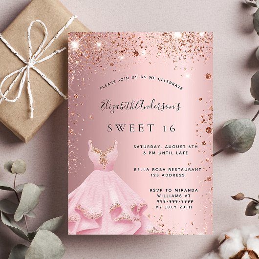 Invitation Sweet 16 rose pâle robe de parties scintillant lux