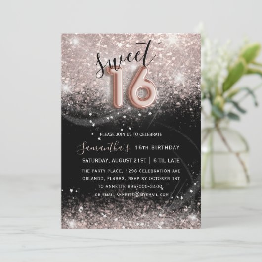 Invitation Sweet 16 Rose Parties scintillant or et Black Part (Debout devant)