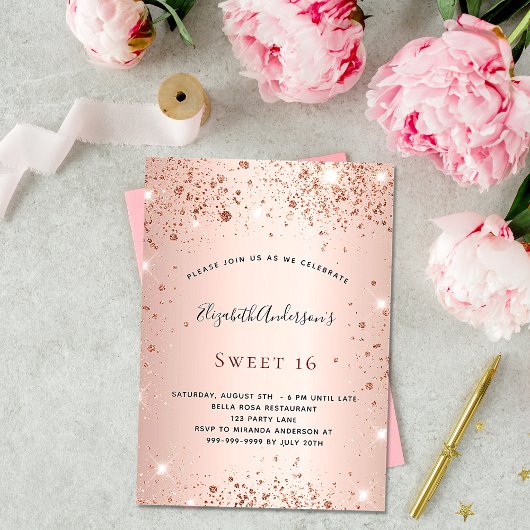 Invitation Sweet 16 rose parties scintillant or glamour