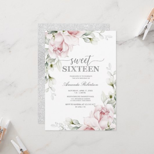 Invitation Sweet 16 Roses d'anniversaire | Romantique argenté (Devant/Arrière en situation)