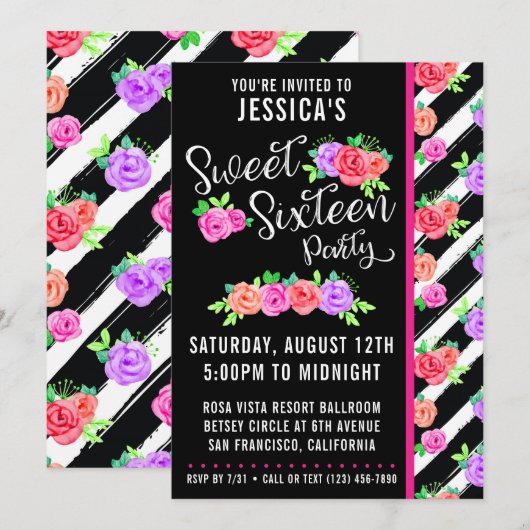 Invitation Sweet 16 Roses Échancrées et Rayures Mo (Devant / Derrière)