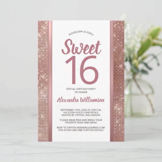 Invitation Sweet 16 Roses Gold Glam Chic Virtual 16e annivers (Debout devant)