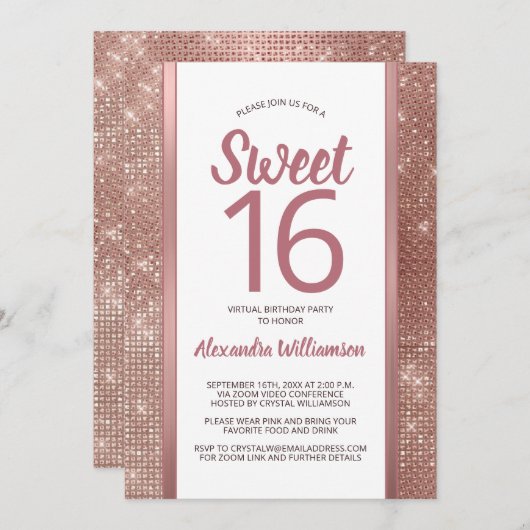 Invitation Sweet 16 Roses Gold Glam Chic Virtual 16e annivers (Devant / Derrière)
