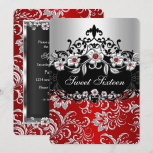 Invitation Sweet 16 Rouge Argent Noir Floral Bijou Party