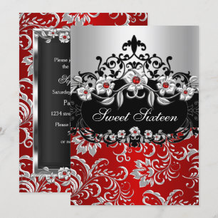 Invitation Sweet 16 Rouge Argent Noir Floral Bijou Party