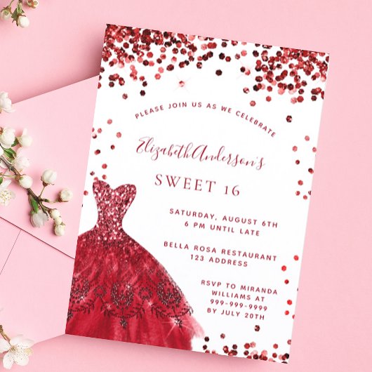 Invitation Sweet 16 rouge robe blanche élégant