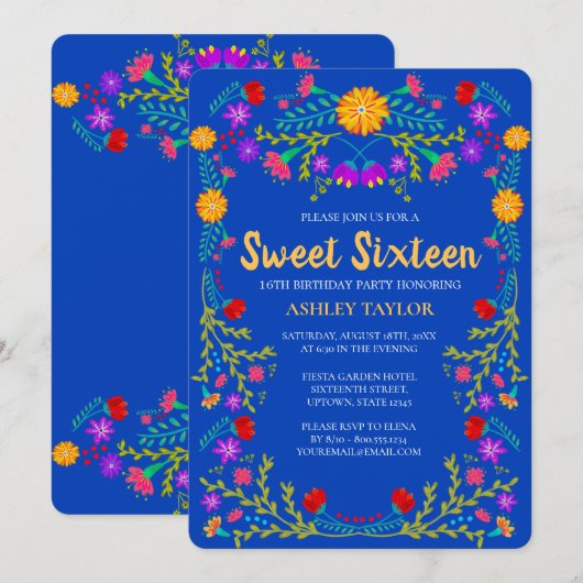 Invitation Sweet 16 Royal Blue Mexican Fiesta Floral Annivers (Devant / Derrière)