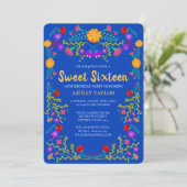 Invitation Sweet 16 Royal Blue Mexican Fiesta Floral Annivers (Debout devant)