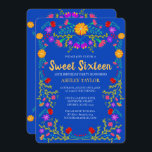 Invitation Sweet 16 Royal Blue Mexican Fiesta Floral Annivers<br><div class="desc">Royal Blue Sweet 16 Invitation pour la célébration du 16e anniversaire de votre fille. Ce thème floral présente des fleurs d'art populaire mexicaines vives et colorées en rouge, rose, violet et jaune sur un arrière - plan bleu royal. Le dos de la carte est bordé de plus de fleurs. Le...</div>