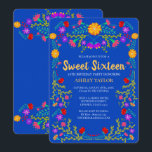 Invitation Sweet 16 Royal Blue Mexican Fiesta Floral Annivers<br><div class="desc">Royal Blue Sweet 16 Invitation pour la célébration du 16e anniversaire de votre fille. Ce thème floral présente des fleurs d'art populaire mexicaines vives et colorées en rouge, rose, violet et jaune sur un arrière - plan bleu royal. Le dos de la carte est bordé de plus de fleurs. Le...</div>