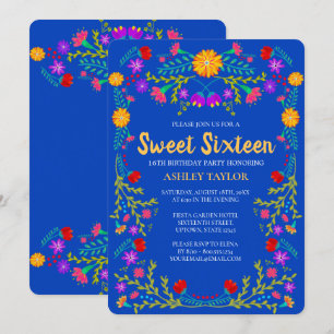 Invitation Sweet 16 Royal Blue Mexican Fiesta Floral Annivers