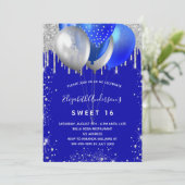 Invitation Sweet 16 royal blue silver glitter balloons luxury (Debout devant)