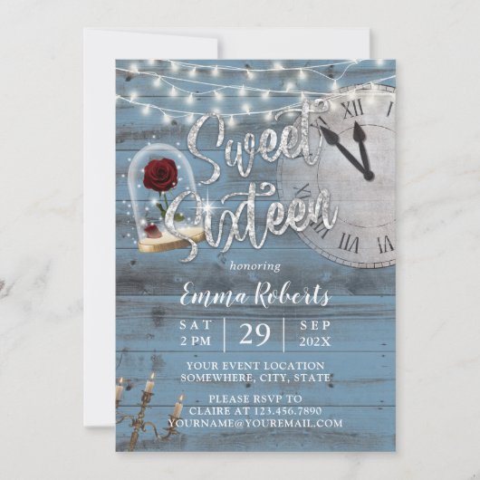 Invitation Sweet 16 Rustic Fairy Tale Dusty Blue Barn Wood (Devant)