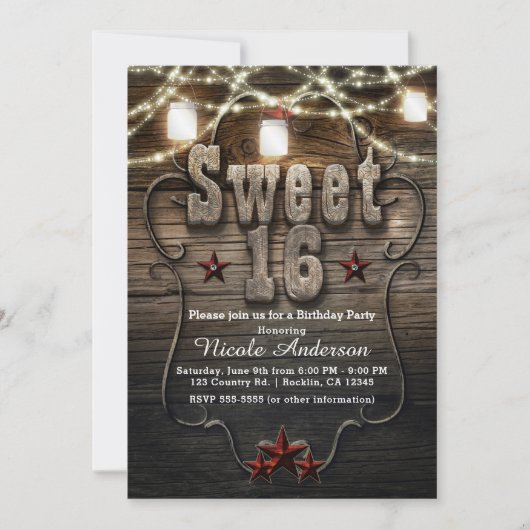 Invitation SWEET 16 Rustic Mason Jars Lumières Anniversaire (Devant)