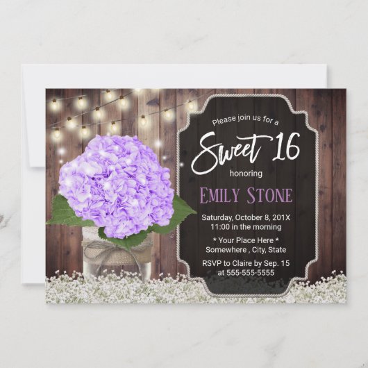 Invitation Sweet 16 Rustic Purple Hydrangea Flower Mason Jar (Devant)