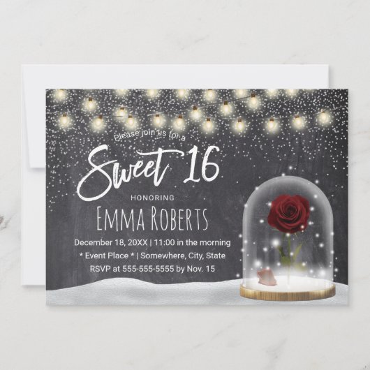 Invitation Sweet 16 Rustic Winter Beauté Rose Dome Chalkboard (Devant)