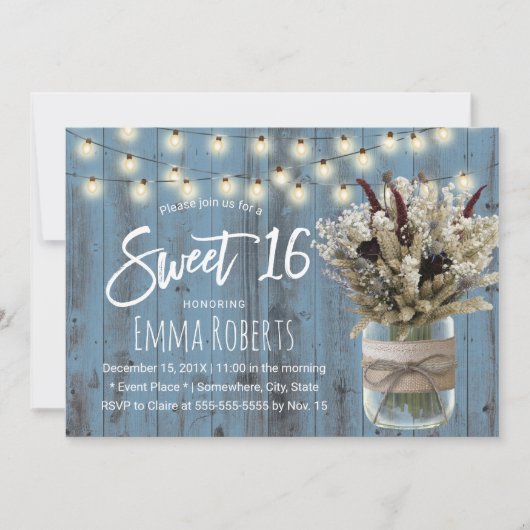 Invitation Sweet 16 Rustic Winter Floral Jar Dusty Blue (Devant)