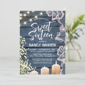 Invitation Sweet 16 Rustique Bleu Chaîne Lumières Moderne (Debout devant)